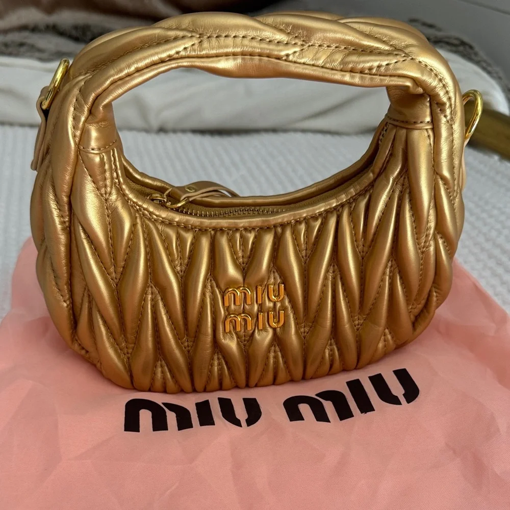 Bali Miu Miu Metallic Gold Quilted Mini Hobo Bag - Picture 1 of 6